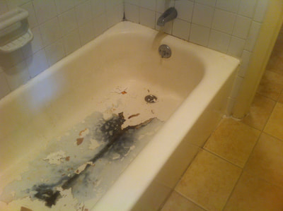 Picture of a damaged, moldy bathtub that needs repair. 