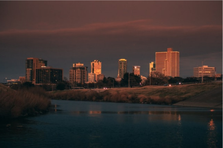 Picture of the of Fort Worth Texas. You can see beautiful view of the sunset with colorful sky and crystal cleat water