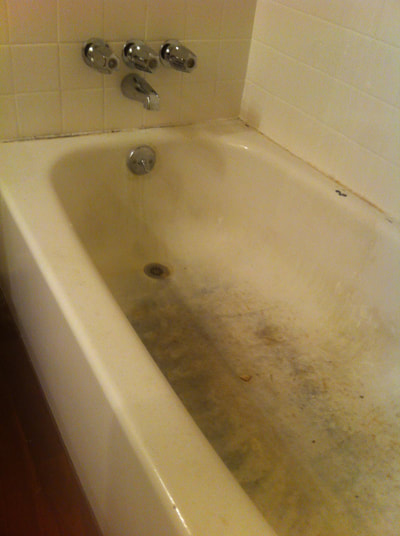 Picture of a bathtub that has mold and dirt build up inside and on the edges. A lot of wear and tear is to seen. 