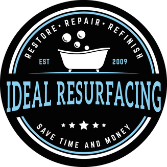 This image shows Ideal resurfacing company logo. You can see a bathtub in the center with bubbles floating above. You can see the words restore, repair, refinish, encircling above and the words save time and money encircling below the bathtub. The company name Ideal Resurfacing is in the center of the image in blue. There and blue outline round about the logo.