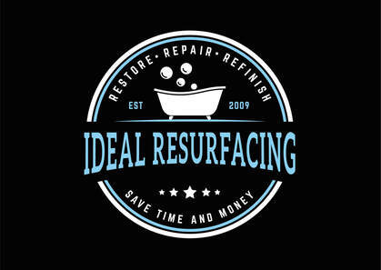 This image shows Ideal resurfacing company logo. You can see a bathtub in the center with bubbles floating above. You can see the words restore, repair, refinish, encircling above and the words save time and money encircling below the bathtub. The company name Ideal Resurfacing is in the center of the image in blue. There and blue outline round about the logo. 