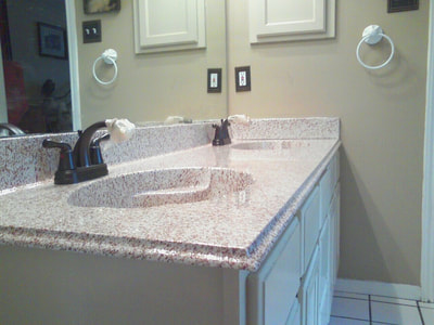 In this image you can see a bathroom countertop refinished with the Sedona color option. You can see a double sink vanity top that has just been resurfaced. 